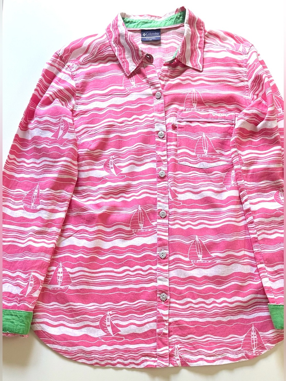 Columbia Pink and White Sail-Print Long Sleeve Button-Down Shirt